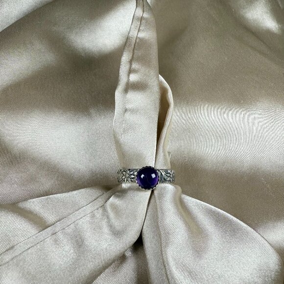 Handmade Silver Sapphire Round Blue Gemstone Ring Floral Band Jewelry Size 10 - Picture 1 of 5